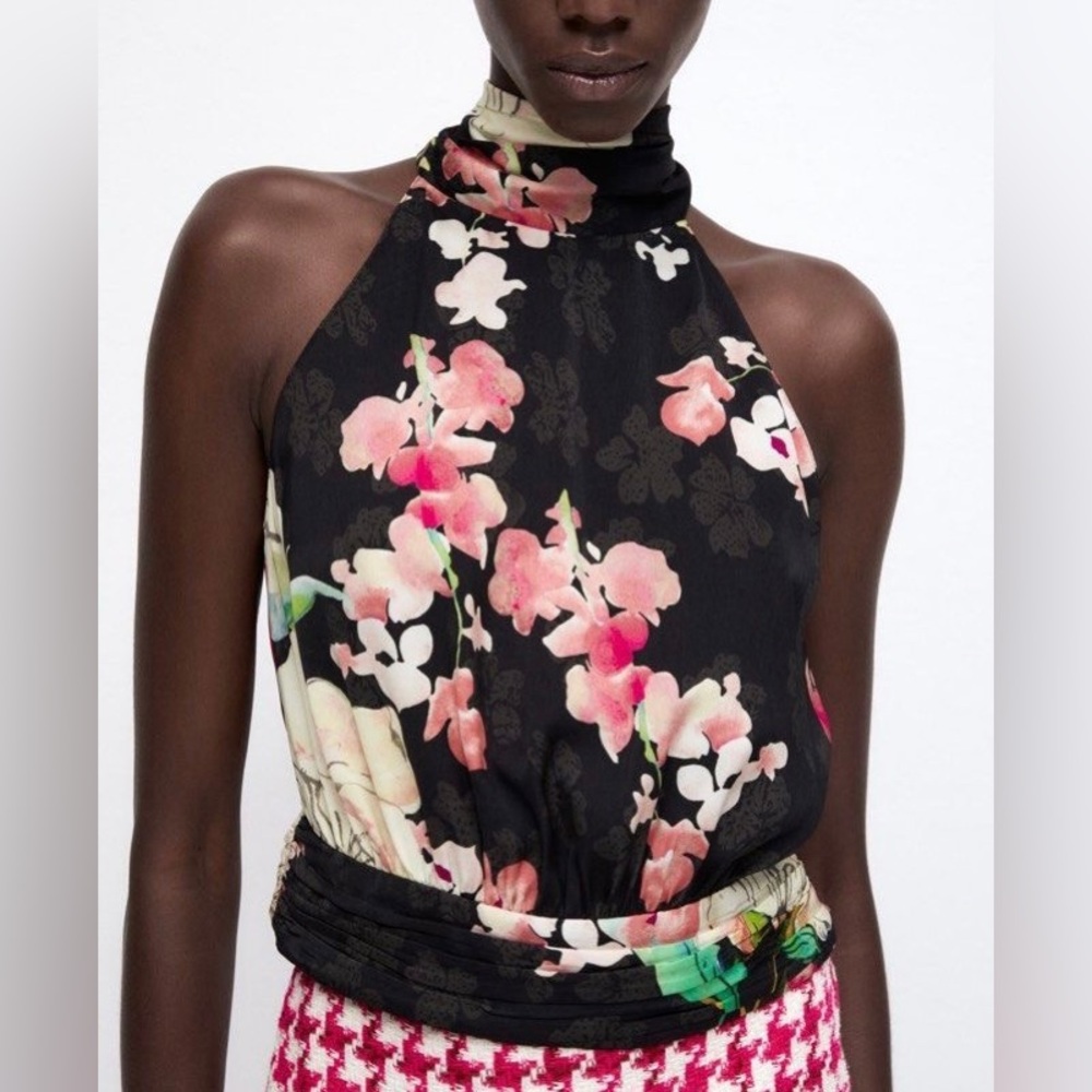ZARA Floral Mock Neck Crop Top Cherry Blossom Sakura Black with Pastel Colors